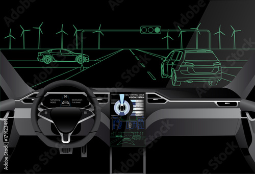 Self driving car on a road. Artificial intelligence of vehicle. Vector illustration EPS 10