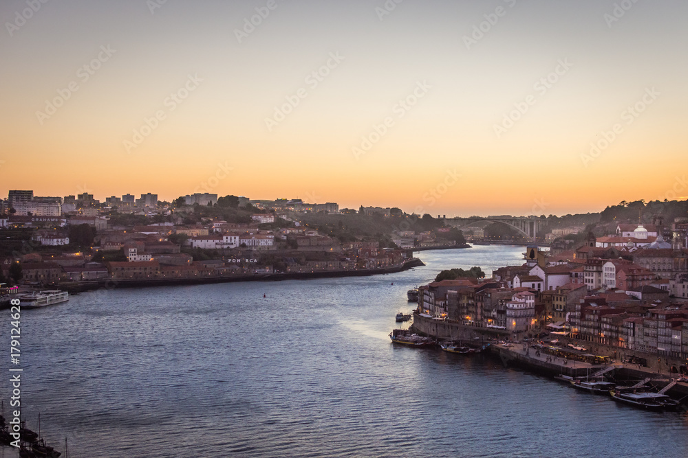 Sunset in Porto, Portugal with a view of the river Duero
