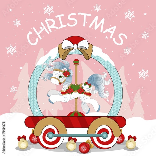Christmas pony on a winter background, snowflakes. With an inscription. Vector illustration.