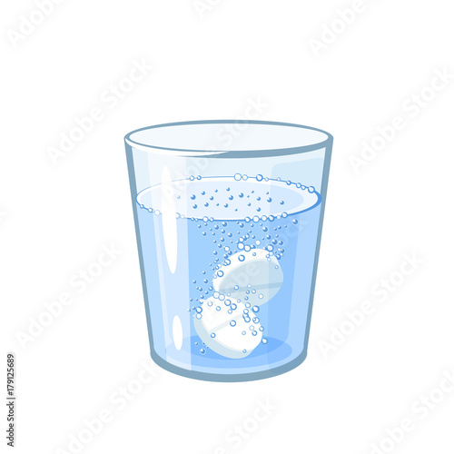 Effervescent aspirin tablets dissolve in a glass of water. Vector illustration cartoon flat icon isolated on white.