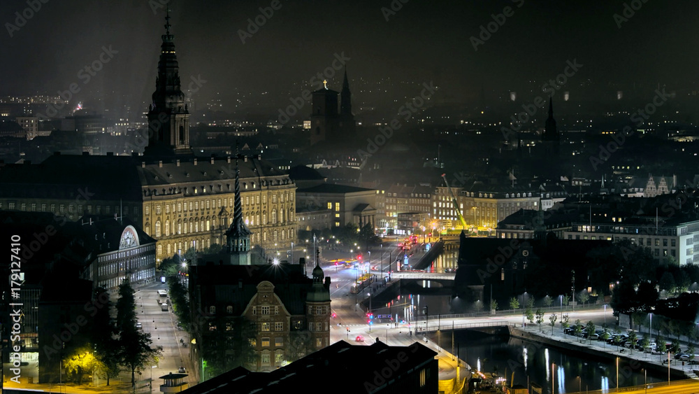 Copenhagen city center, high angle skyline view at night, Denmark