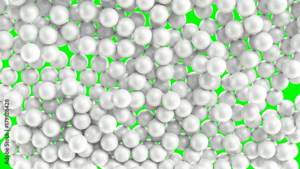 Animated a lot of white plain Golf balls falling and tumbling against green background. Top camera view. Animated a lot of white plain Golf balls falling and tumbling against green background. Top camera view.