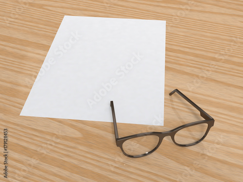 white paper blank on wood floor-table with glasses paper mock up 3d rendering
