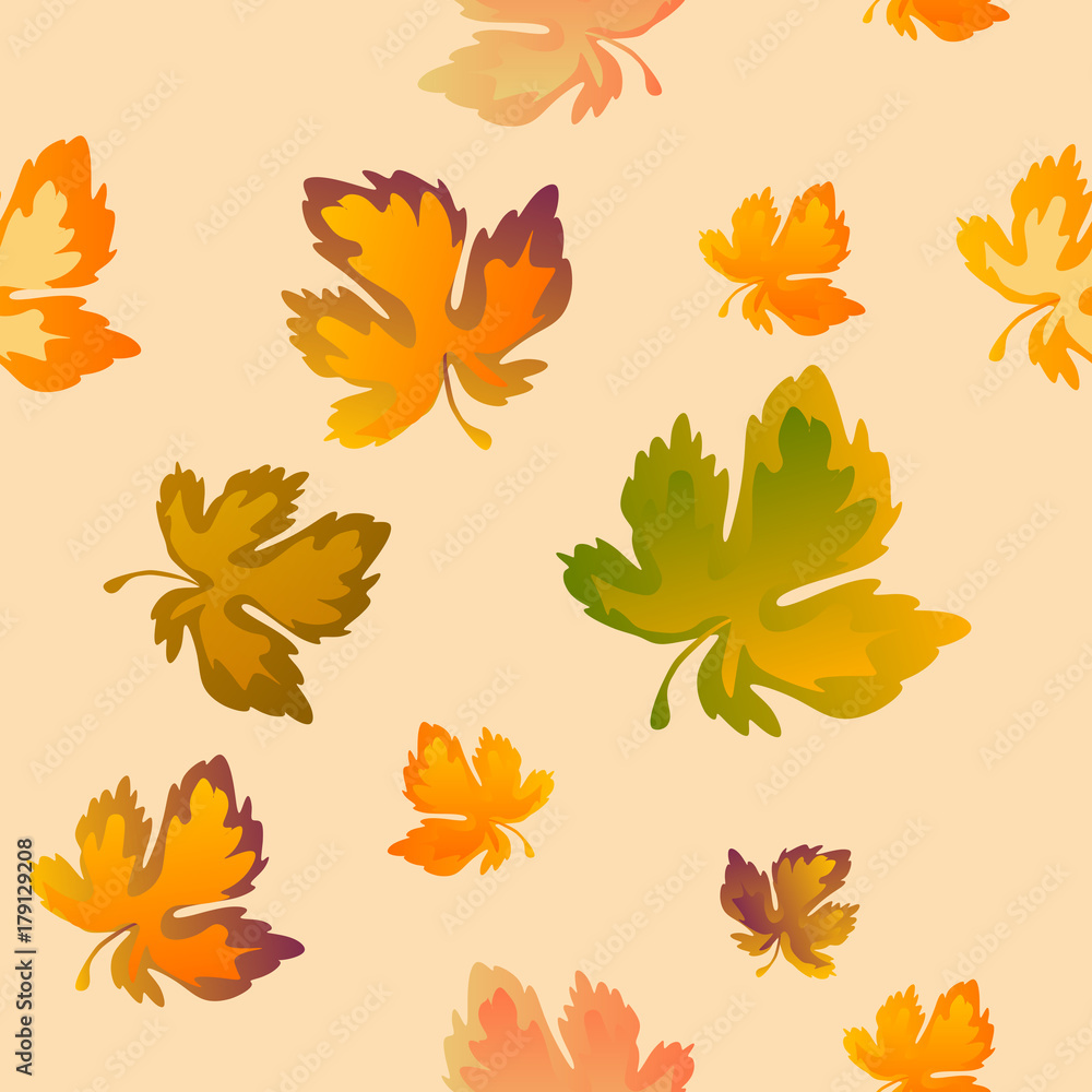 Fototapeta premium Autumn leaves seamless pattern, vector background. Red, yellow and green maple leaf, For the design of wallpaper, fabric, decoration material