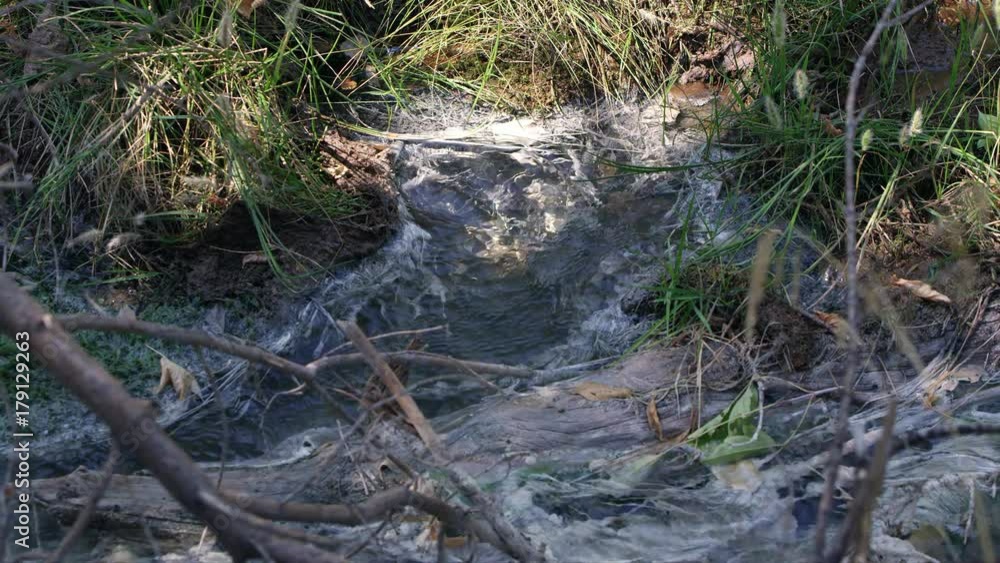 Hot spring water flowing out of hole in the ground in grass. Hot spring water flowing out of hole in the ground in grass.