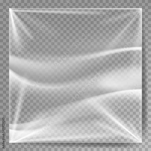 Transparent Polyethylene Vector. Plastic Warp Template For Your Design. Wrinkled Surface For Realistic Effect. Isolated On Transparent Background Illustration