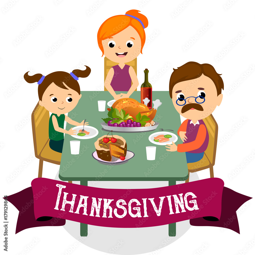 thanksgiving set, isolated happy family at the dinner table eat turkey drink wine. Mother father with childrens celebrate together traditional autumn holiday. People give thanks vector illustration thanksgiving set, isolated happy family at the dinner table eat turkey drink wine. Mother father with childrens celebrate together traditional autumn holiday. People give thanks vector illustration