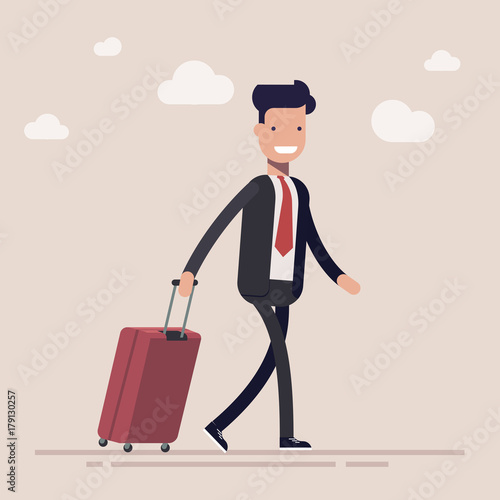 Businessman or a manager comes with a suitcase for traveling. Large briefcase on wheels. The concept of the beginning of travel. Flat vector illustration in cartoon style.