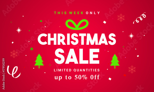 Christmas Sale Vector illustration, Typography combined in a shape of gift box with confetti on red background