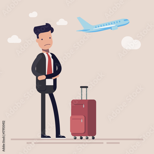 Businessman or manager missed a plane. Man was very upset about being late for the plane. Vector illustration in cartoon style.
