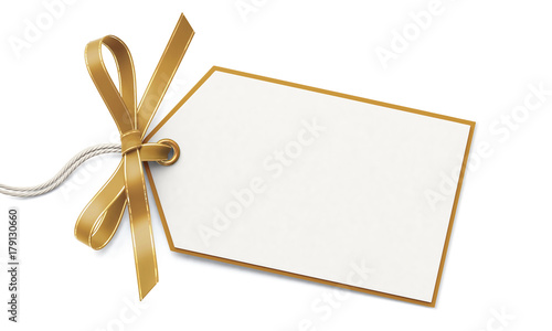 Blank gift tag and golden ribbon bow with gold border