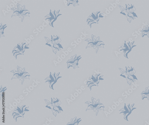 Vector Blue Seamless Pattern with Drawn Flowers
