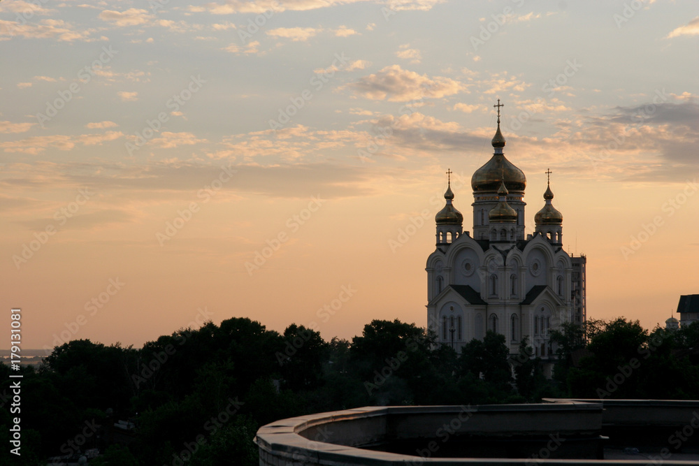 Orthodox temple at sunset