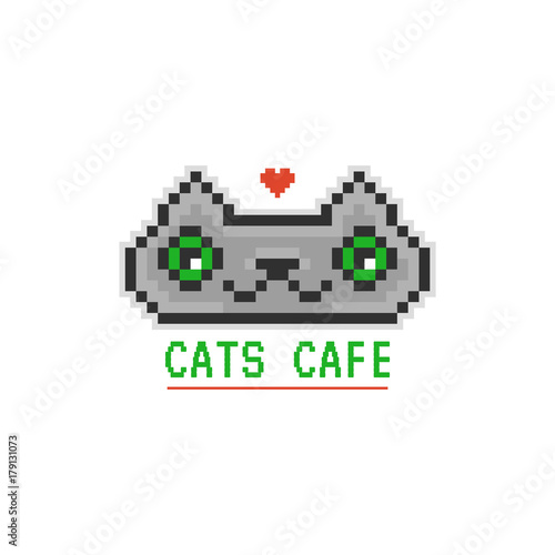 Cute nice gray pixel cat. Pixel art. Domestic cat portrait. It can be used for printing on t-shirts, postcards, stickers, or for your design. Modern style.