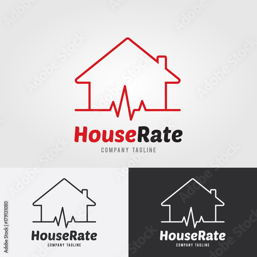 House Rate Logo Template with heart rate, heart rhythm, electrocardiogram icon. House building symbol colorful flat icons on white background.
