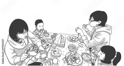 Illustration of young mathers with children enjoying meal in black and white