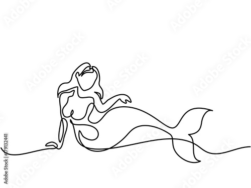 Mermaid laying and dreaming on the beach. Continuous line drawing. Vector illustration