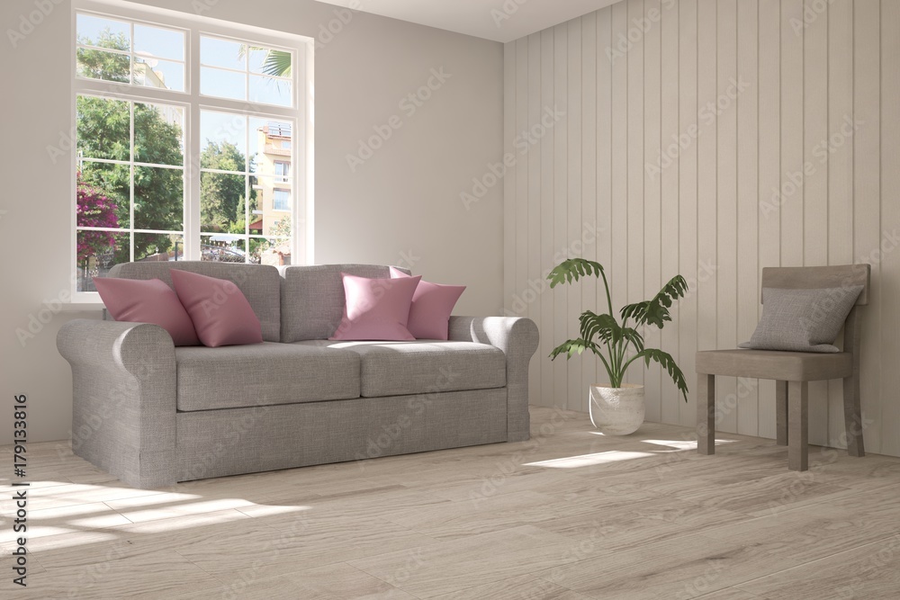 Fototapeta premium Idea of white room with sofa and summer landscape in window. Scandinavian interior design. 3D illustration