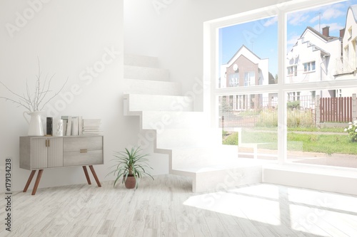 White empty room with stair and summer landscape in window. Scandinavian interior design. 3D illustration