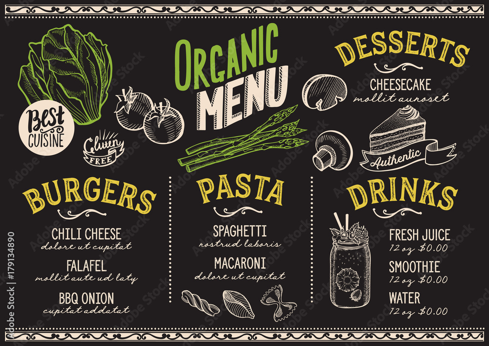 Organic menu restaurant, food template.