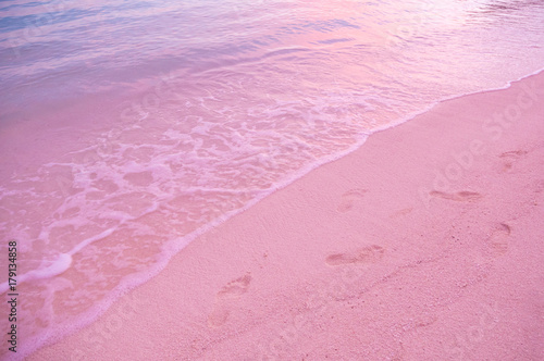  Pink sand beach on Harbour Island, Bahamas. Bahamas Pink sand beach. Amazing tropical beach in Caribbean with pink sand clear ocean water. Wave and footprints at sunset time. Footprints on beach sand