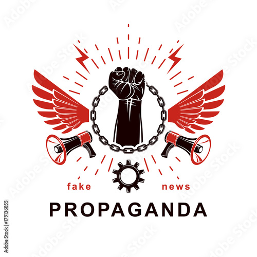 Vector emblem composed with strong raised clenched fist surrounded by iron chain, freedom wings and loudspeakers. Nonconformist conceptual emblem.