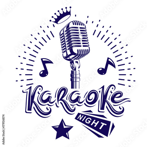 Karaoke night and nightclub discotheque vector invitation poster created with stage or recorder microphone and musical notes.