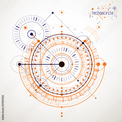 Mechanical scheme  vector engineering drawing with circles and geometric parts of mechanism. Technical plan can be used in web design and as wallpaper or background.