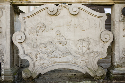 Ornaments, moldings, gargoyle, low reliefs in a sandstone, granite, concrete. sculpting details in Gdansk (Danzig).  Mariacka street (Mariengasse). photo