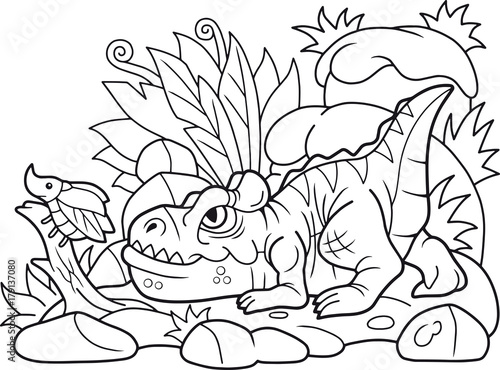 funny cartoon allosaurus hunts beetle