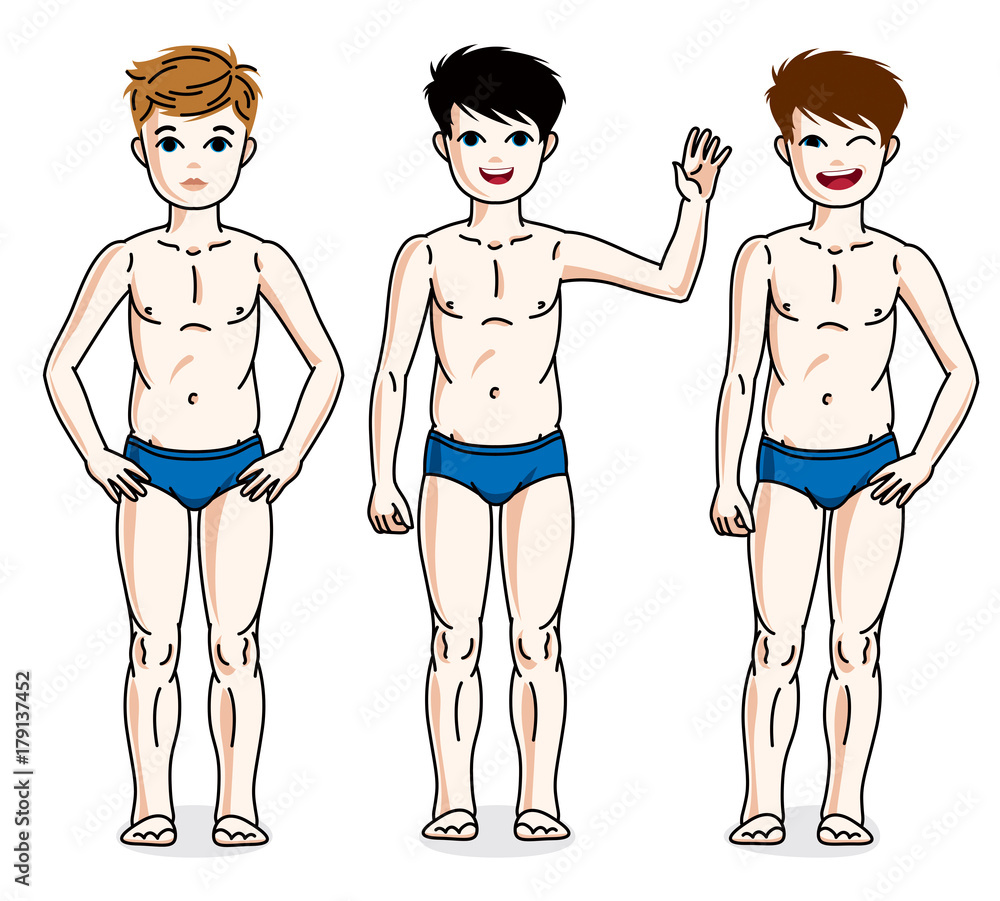 Child young teen boys group standing in blue underwear. Vector diversity kids illustrations set. Childhood and family lifestyle clip art. Child young teen boys group standing in blue underwear. Vector diversity kids illustrations set. Childhood and family lifestyle clip art.