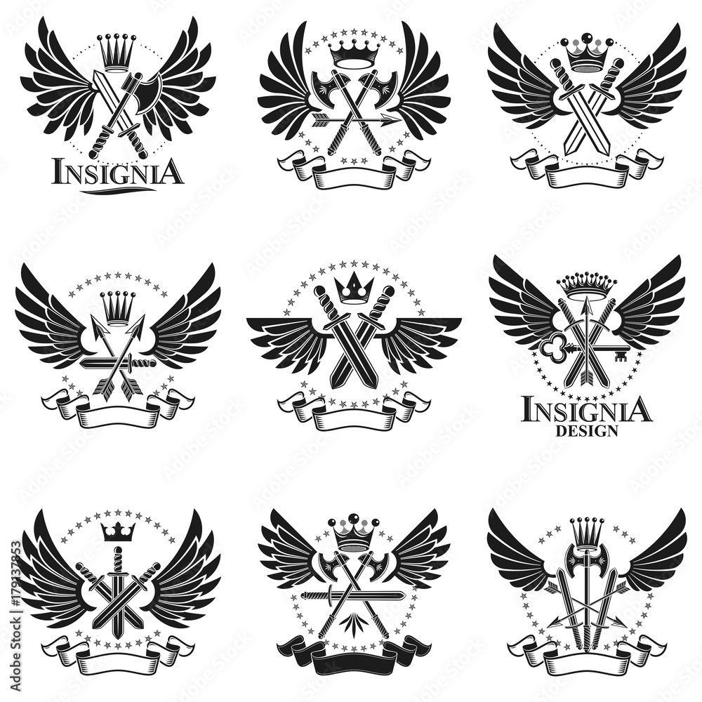 Vintage Weapon Emblems set. Heraldic Coat of Arms decorative emblems isolated vector illustrations collection.