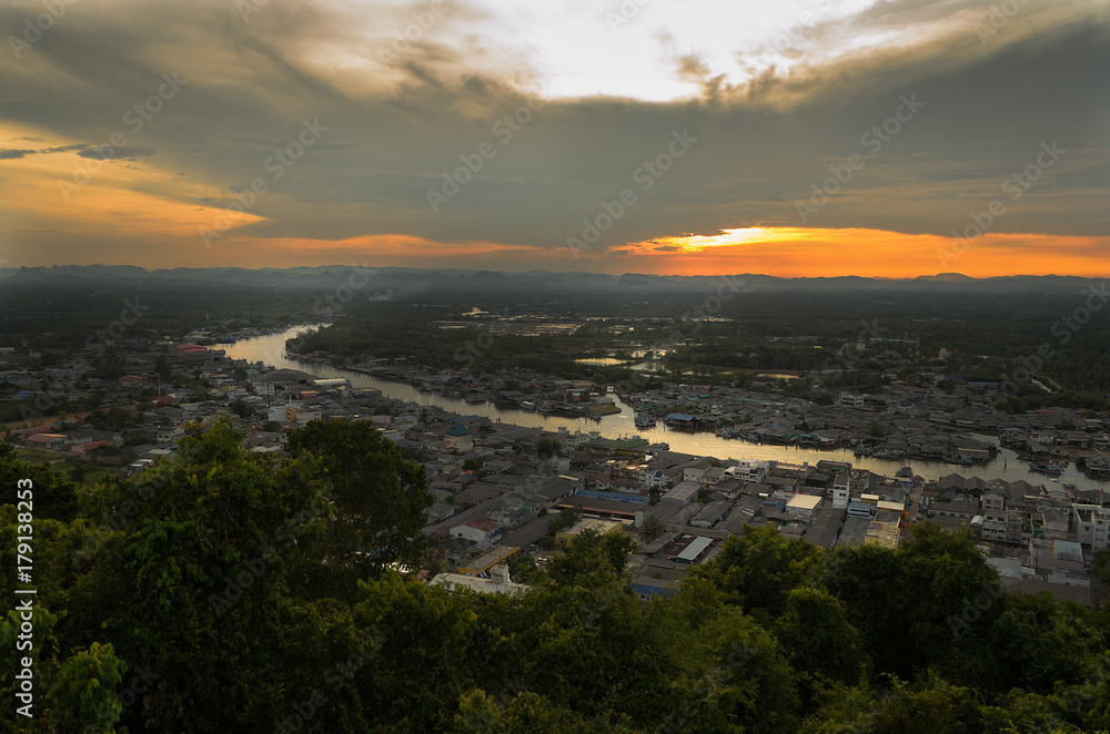 Cityscape with skyline and sunset in the evening at Chumphon Province Thailand.