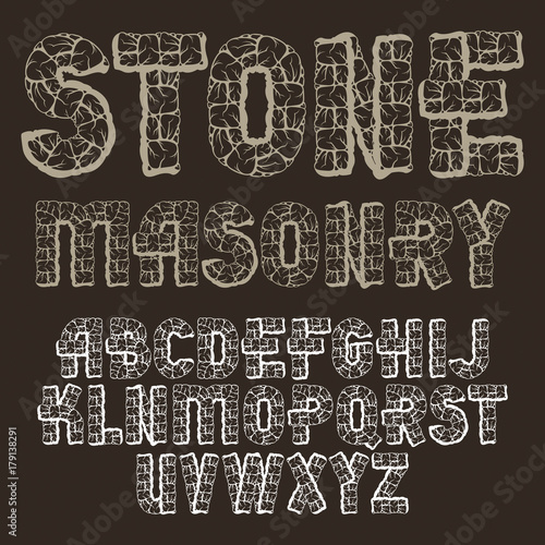 Set of trendy old vector capital English alphabet letters isolated. Bold type font, script from a to z can be used for logo creation. Made with stones design.
