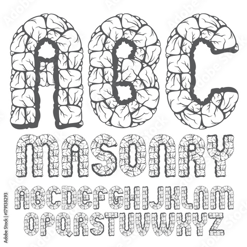 Set of trendy old vector capital English alphabet letters, abc isolated. Bold rounded font, typescript for use as business poster design elements. Created using masonry texture.