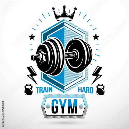 Vector sport equipment, dumbbell with disc weight and kettle bell. Heavy load championship symbol