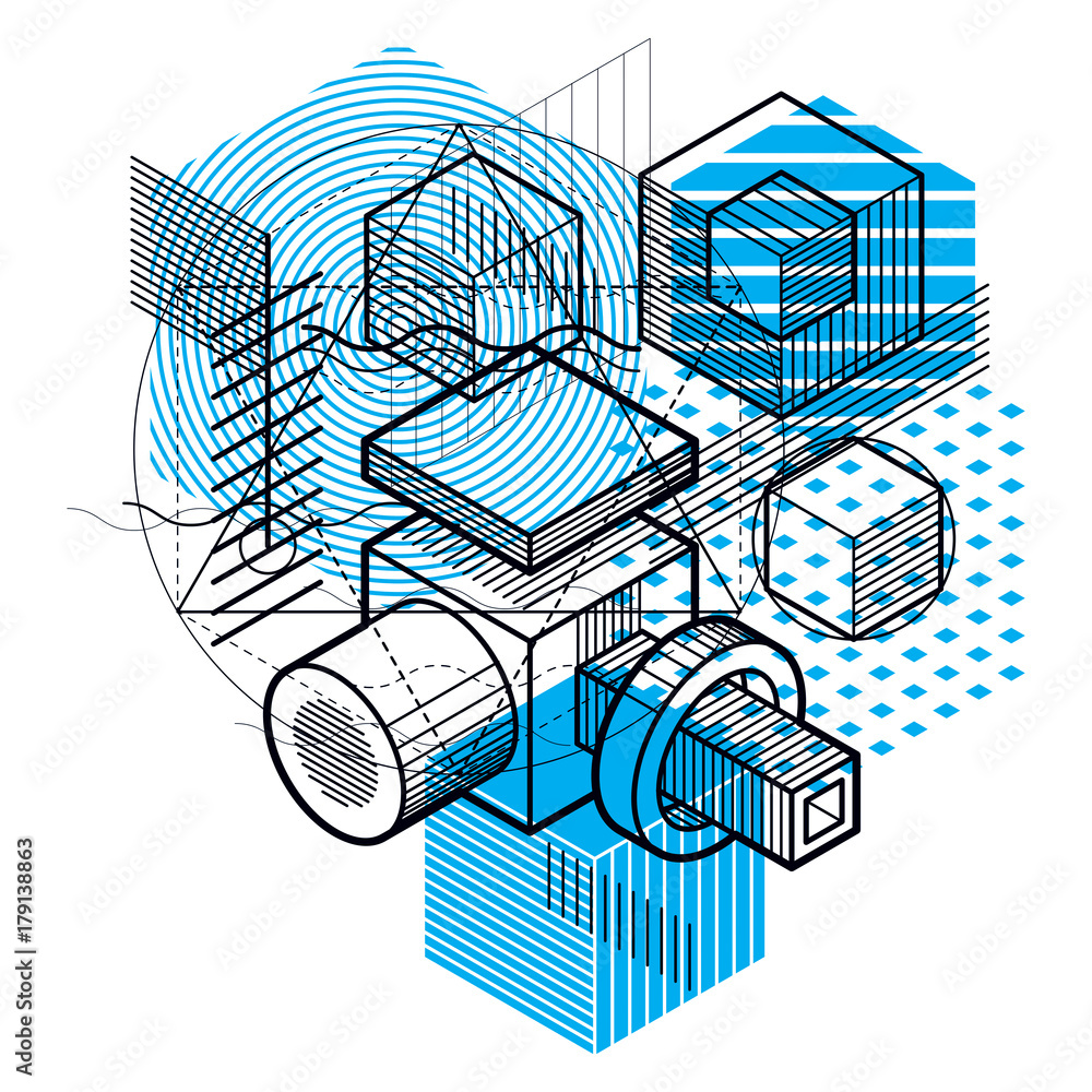 Abstract design with 3d linear mesh shapes and figures, vector isometric background. Cubes, hexagons, squares, rectangles and different abstract elements.