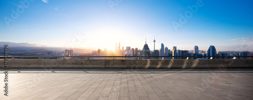 Canvas Print empty marble floor with modern cityscape