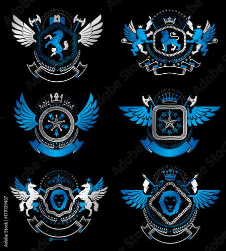 Set of vector retro vintage insignias created with design elements like medieval castles, armory, wild animals, imperial crowns. Collection of coat of arms.