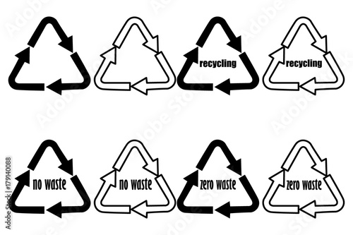 Recycling - no waste - zero waste - black and white vector set, recycle logo