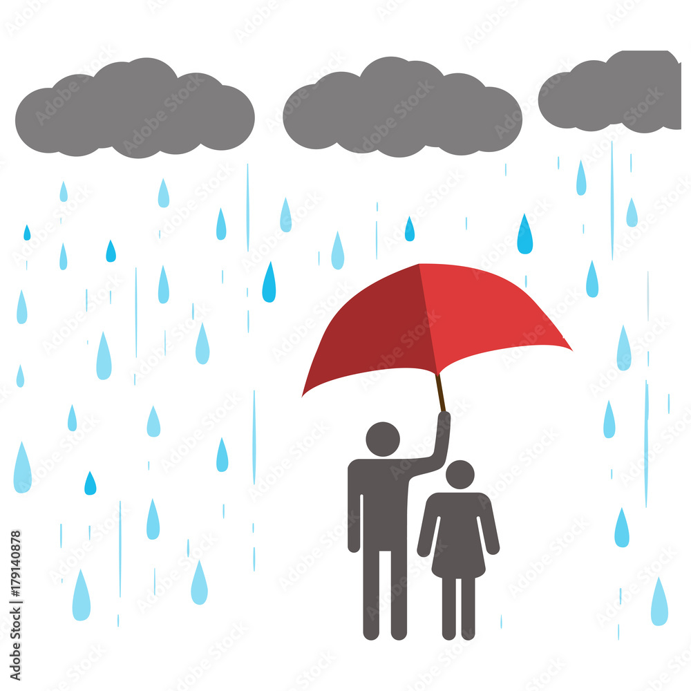 Cute Cartoon Kid with Umbrella Standing Under the Rain. Buildings Silhouettes on Background. Vector Illustration Cute Cartoon Kid with Umbrella Standing Under the Rain. Buildings Silhouettes on Background. Vector Illustration