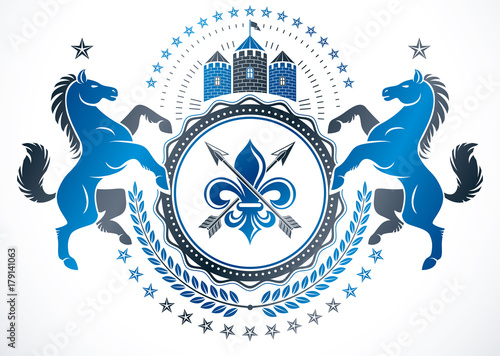 Vintage vector design element. Retro style label, heraldry vector emblem composed using horse illustration and medieval tower.