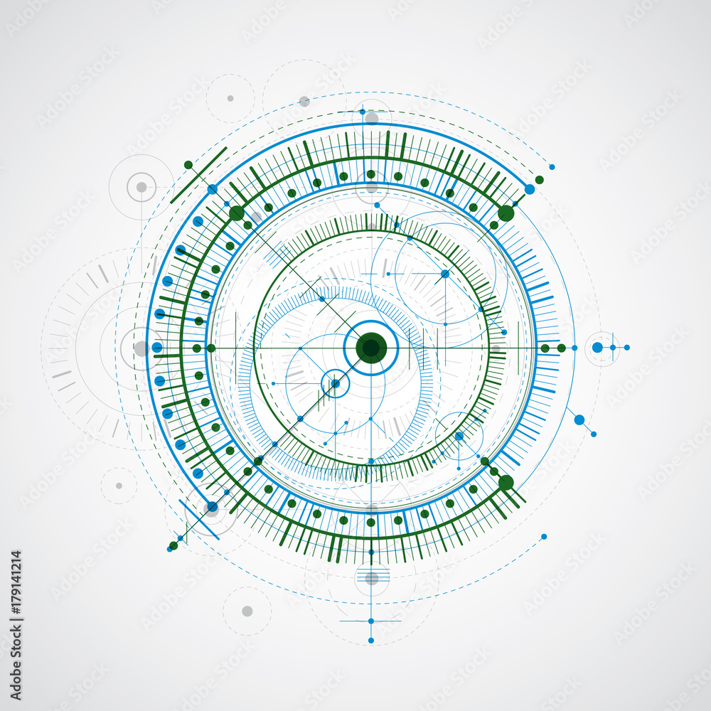 Technical blueprint, blue and green vector digital background with geometric design elements, circles. Illustration of engineering system, abstract technological backdrop. Technical blueprint, blue and green vector digital background with geometric design elements, circles. Illustration of engineering system, abstract technological backdrop.