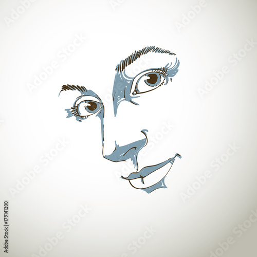 Hand-drawn art portrait of white-skin romantic woman, face emotions theme illustration. Beautiful lady posing on white background, delicate visage features.