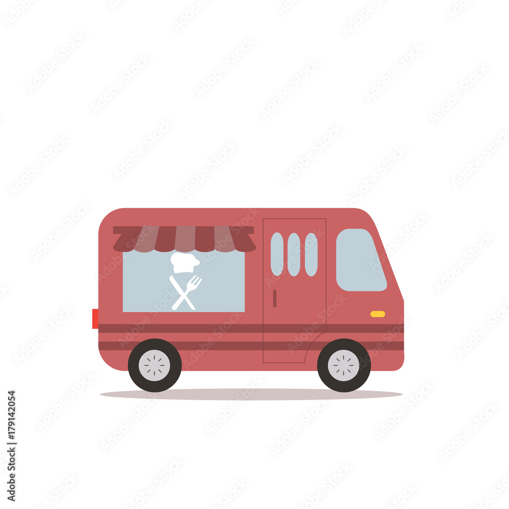 Cute retro food truck illustration in flat cartoon vector style. Little yellow fast food restaurant van.