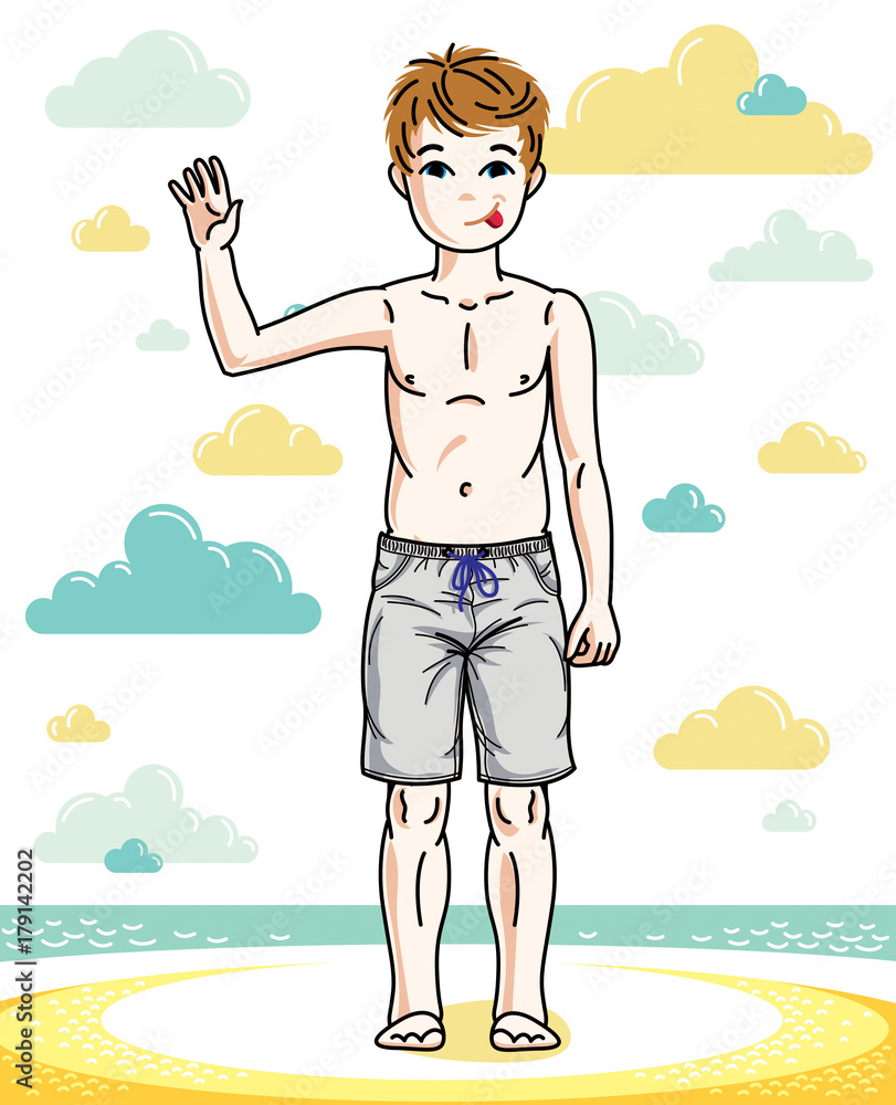 Beautiful happy young teenager boy posing wearing fashionable beach shorts. Vector kid illustration. Fashion and lifestyle theme cartoon.