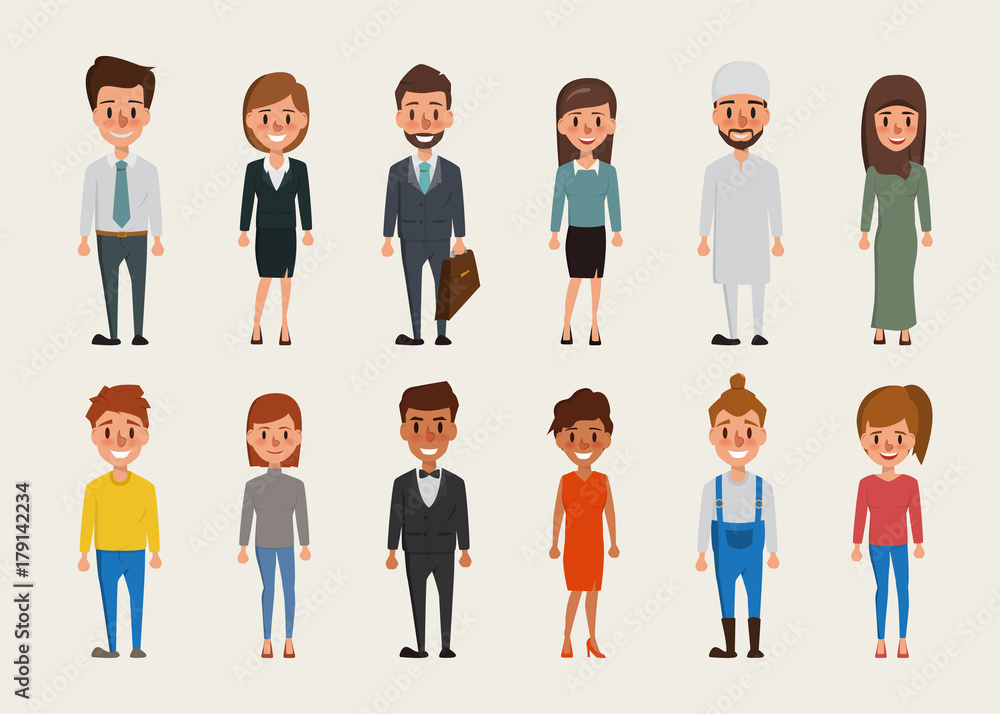 Set of women and men character.Different nationalities and dress styles.