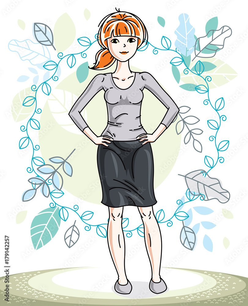 Happy young red-haired woman posing on background of spring landscape and wearing casual clothes. Vector attractive female illustration. Springtime fashion and lifestyle theme cartoon. Happy young red-haired woman posing on background of spring landscape and wearing casual clothes. Vector attractive female illustration. Springtime fashion and lifestyle theme cartoon.