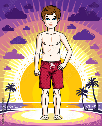 Cute happy young teen boy posing wearing fashionable beach shorts. Vector character. Childhood lifestyle clipart.