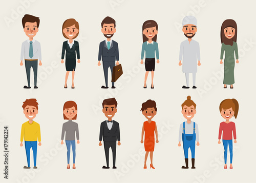 Set of women and men character.Different nationalities and dress styles.